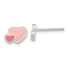 QE16594 Sterling Silver Rhodium-plated Pink Enamel Double Heart Post Earrings