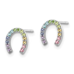 QE16601 Sterling Silver RH-plated Rainbow Crystal Horseshoe Post Earrings