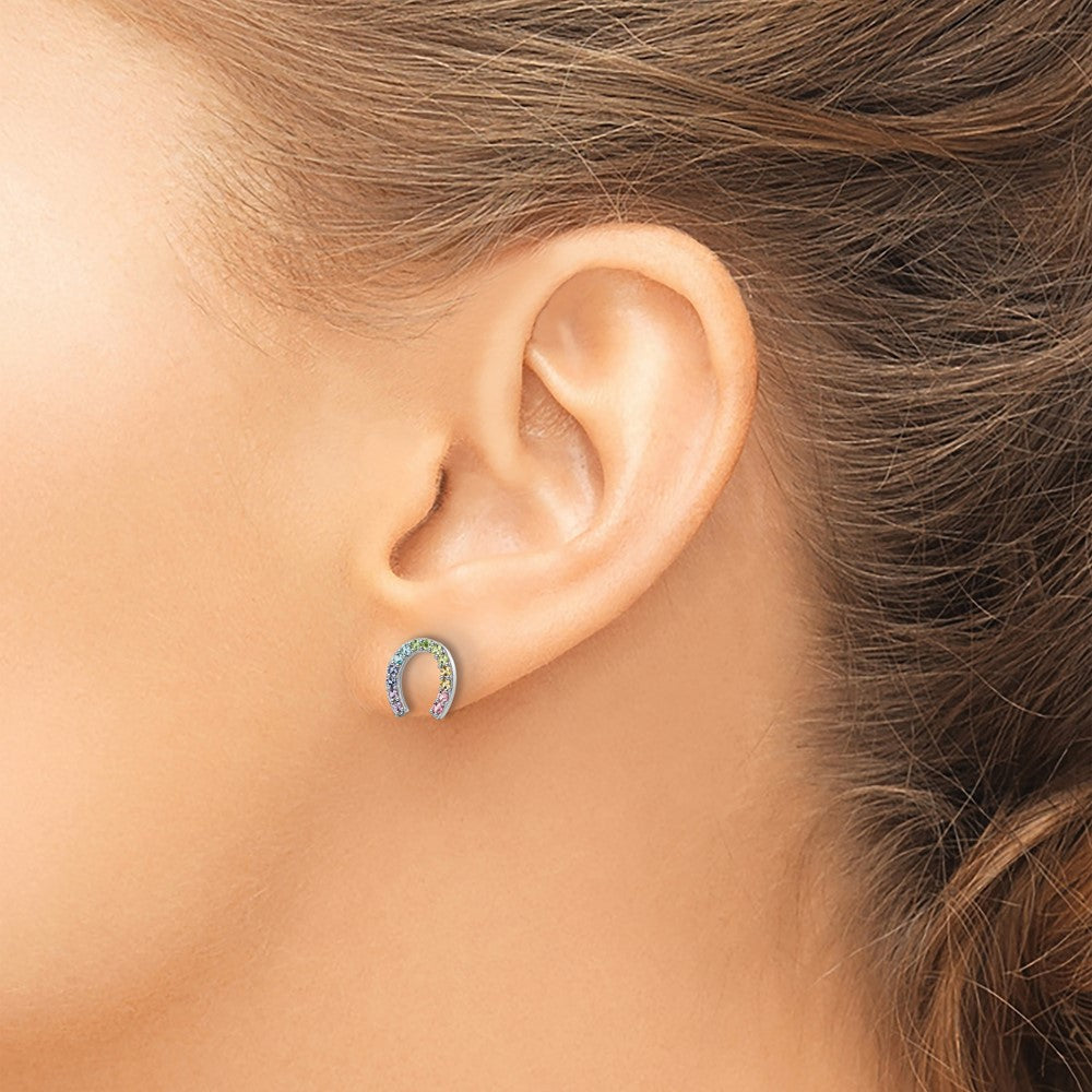 QE16601 Sterling Silver RH-plated Rainbow Crystal Horseshoe Post Earrings