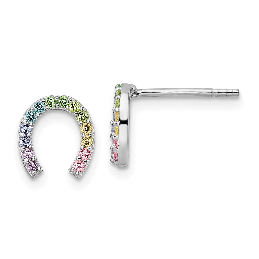 QE16601 Sterling Silver RH-plated Rainbow Crystal Horseshoe Post Earrings