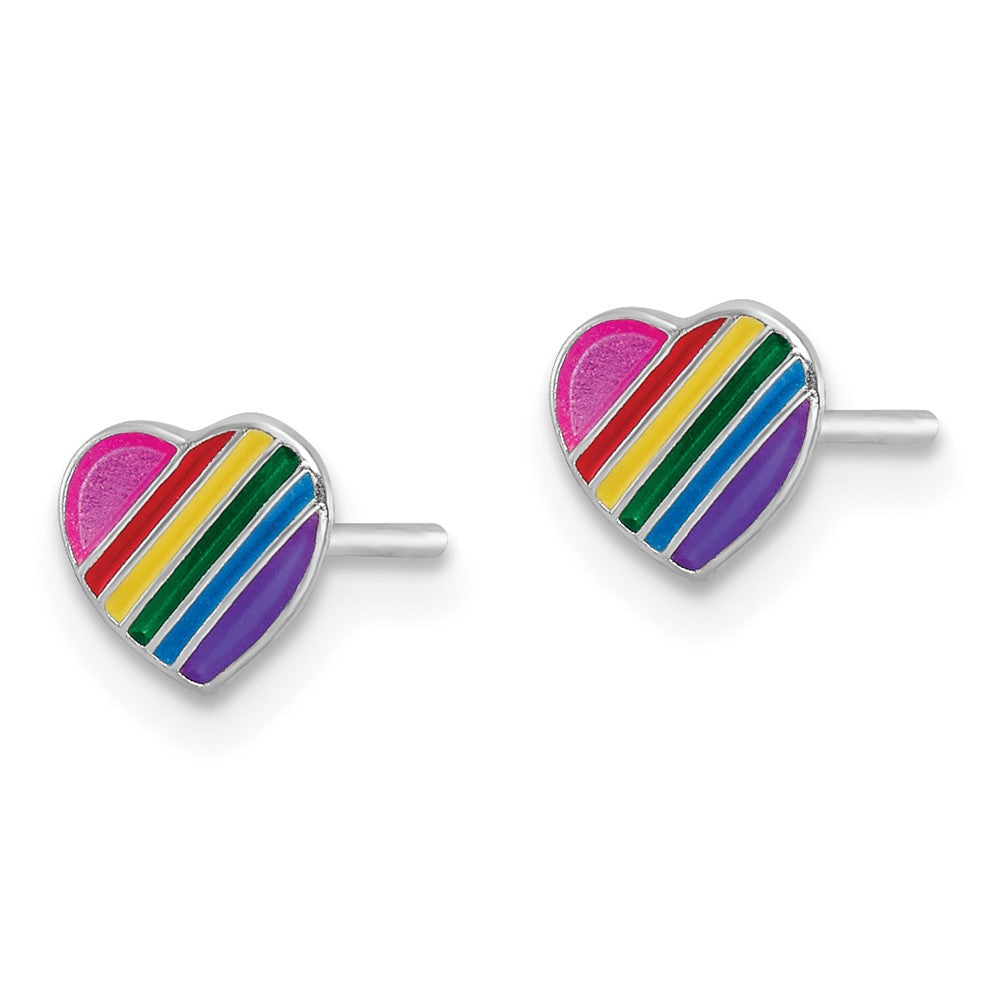 QE16603 Sterling Silver Rhodium-plated Polished Rainbow Enameled Heart Children's Post Earrings