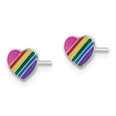 QE16603 Sterling Silver Rhodium-plated Polished Rainbow Enameled Heart Children's Post Earrings