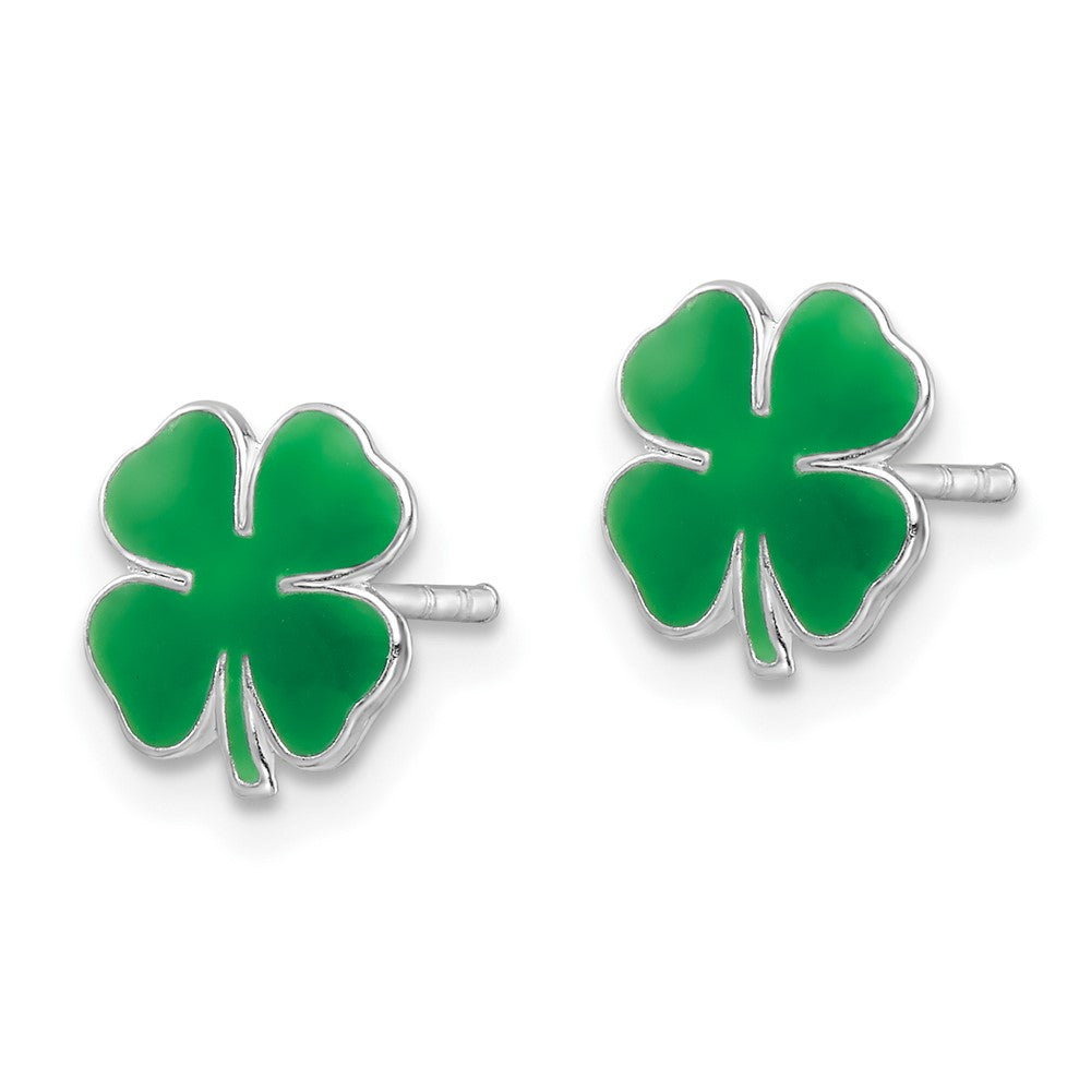 QE16607 Sterling Silver Rhodium-plated Polished & Green Enameled Four Leaf Clover Children's Post Earrings