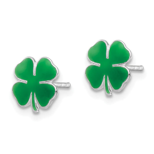 QE16607 Sterling Silver Rhodium-plated Polished & Green Enameled Four Leaf Clover Children's Post Earrings