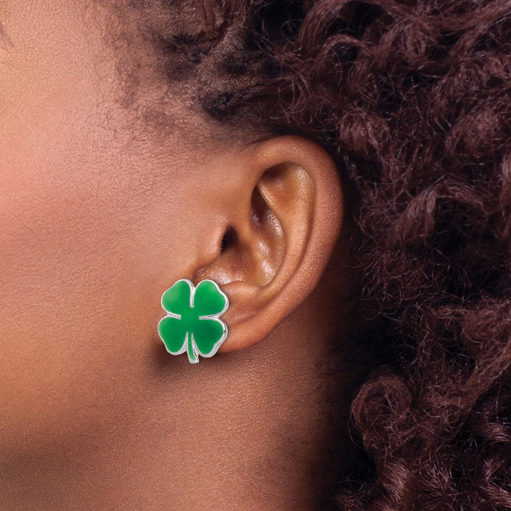 QE16607 Sterling Silver Rhodium-plated Polished & Green Enameled Four Leaf Clover Children's Post Earrings