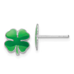 QE16607 Sterling Silver Rhodium-plated Polished & Green Enameled Four Leaf Clover Children's Post Earrings