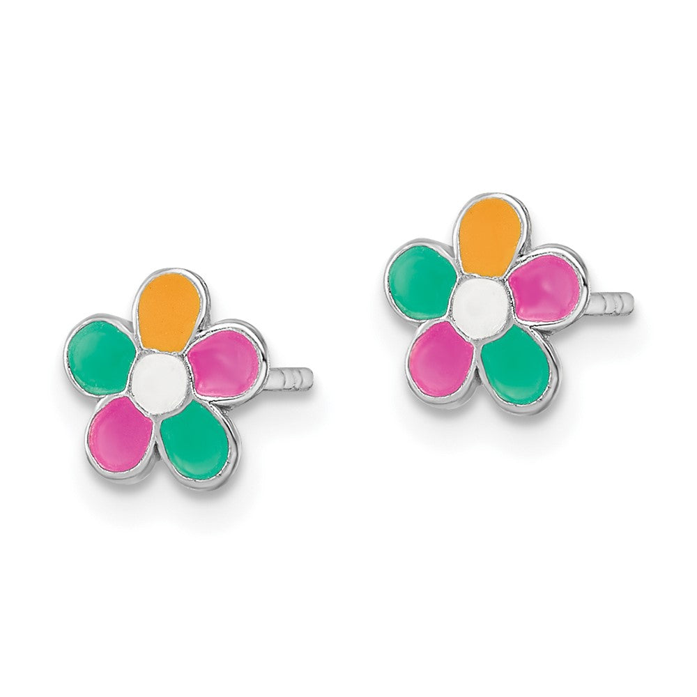 QE16608 Sterling Silver Rhodium-plated Multi-color Enameled Flower Children's Post Earrings