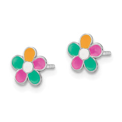 QE16608 Sterling Silver Rhodium-plated Multi-color Enameled Flower Children's Post Earrings