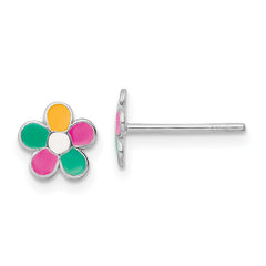 QE16608 Sterling Silver Rhodium-plated Multi-color Enameled Flower Children's Post Earrings