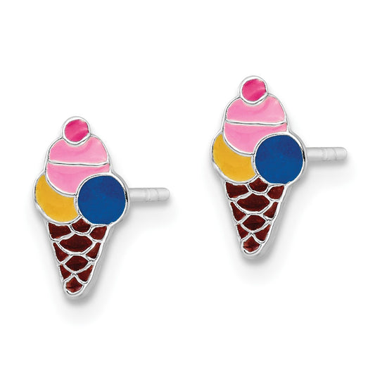 QE16610 Sterling Silver Rhodium-plated Polished & Multi-color Enameled Ice Cream Cone Children's Post Earrings