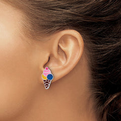 QE16610 Sterling Silver Rhodium-plated Polished & Multi-color Enameled Ice Cream Cone Children's Post Earrings