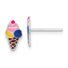 QE16610 Sterling Silver Rhodium-plated Polished & Multi-color Enameled Ice Cream Cone Children's Post Earrings