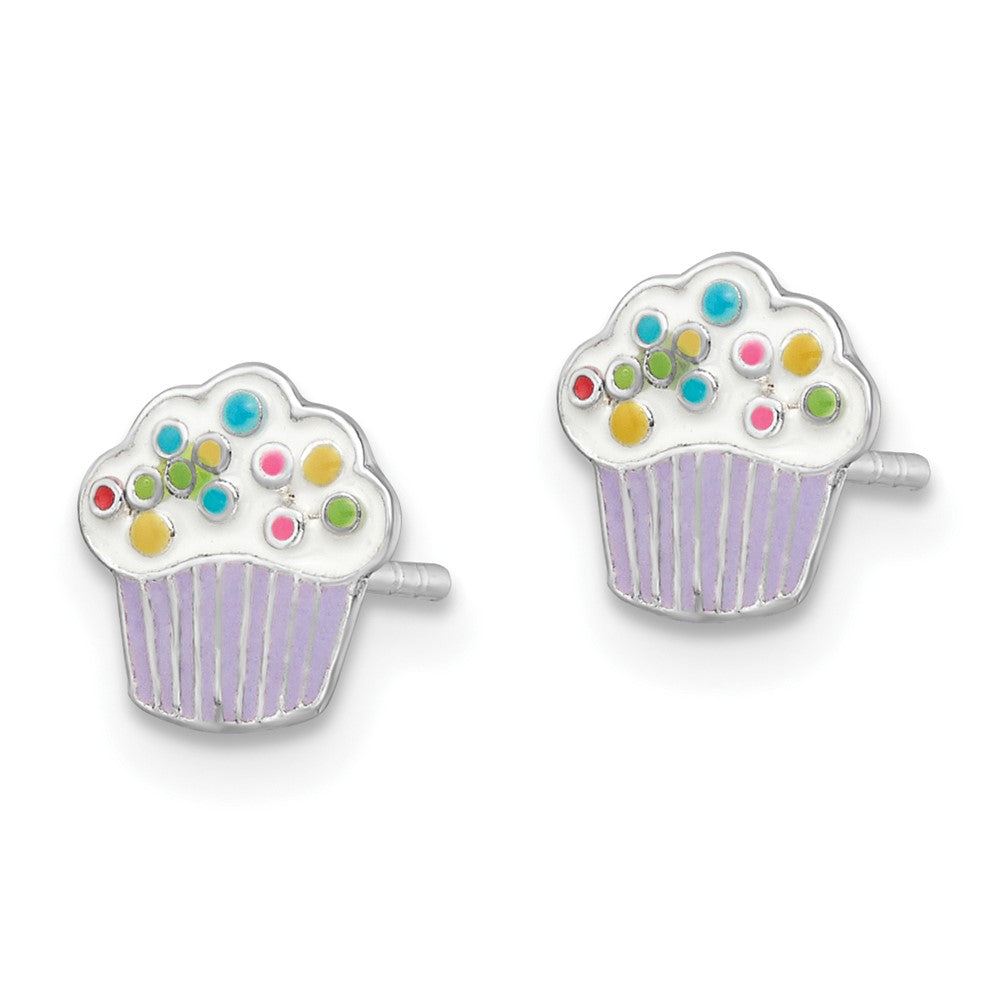 QE16611 Sterling Silver Rhodium-plated Polished Multi-color Enameled Cupcake Children's Post Earrings