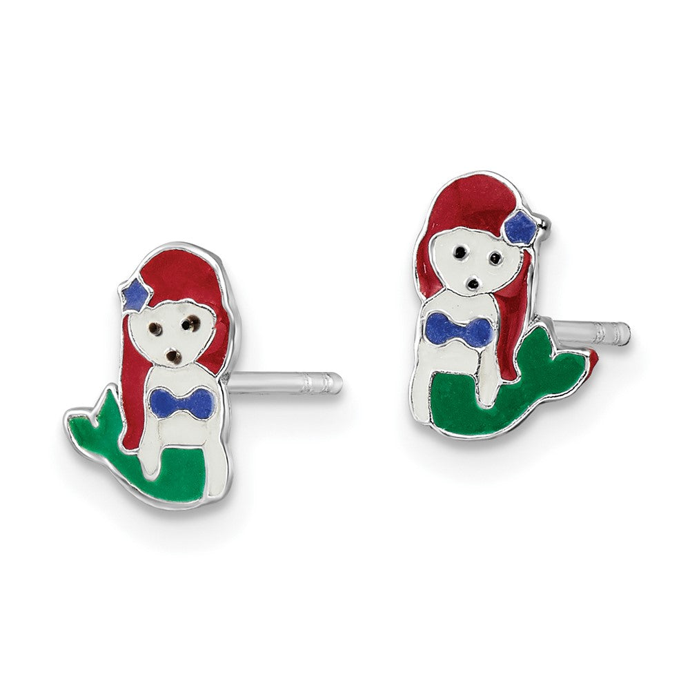 QE16613 Sterling Silver Rhodium-plated Polished and Multi-color Enameled Mermaid Children's Post Earrings