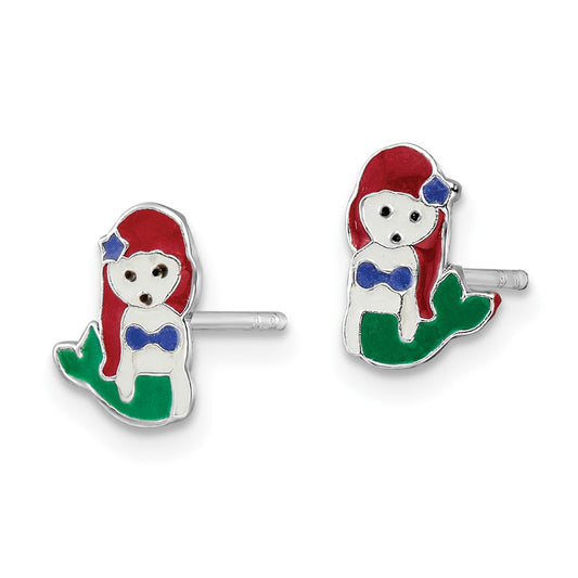 QE16613 Sterling Silver Rhodium-plated Polished and Multi-color Enameled Mermaid Children's Post Earrings