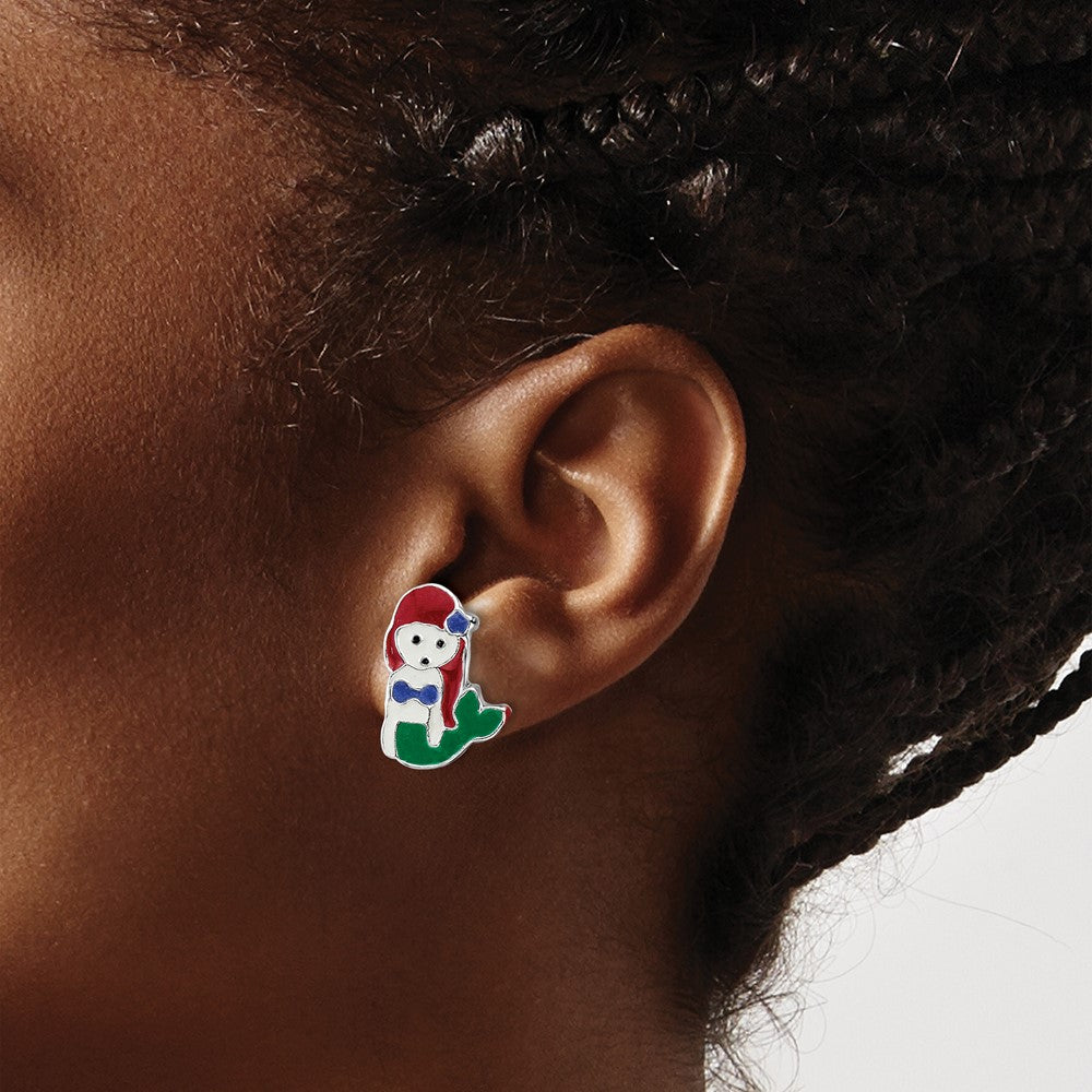 QE16613 Sterling Silver Rhodium-plated Polished and Multi-color Enameled Mermaid Children's Post Earrings