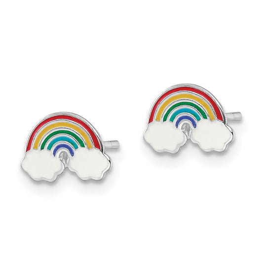 QE16614 Sterling Silver Rhodium-plated Polished & Multi-color Enameled Rainbow Children's Post Earrings