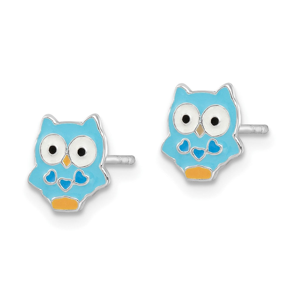 QE16616 Sterling Silver Rhodium-plated Polished Multi-color Enameled Blue Owl Children's Post Earrings