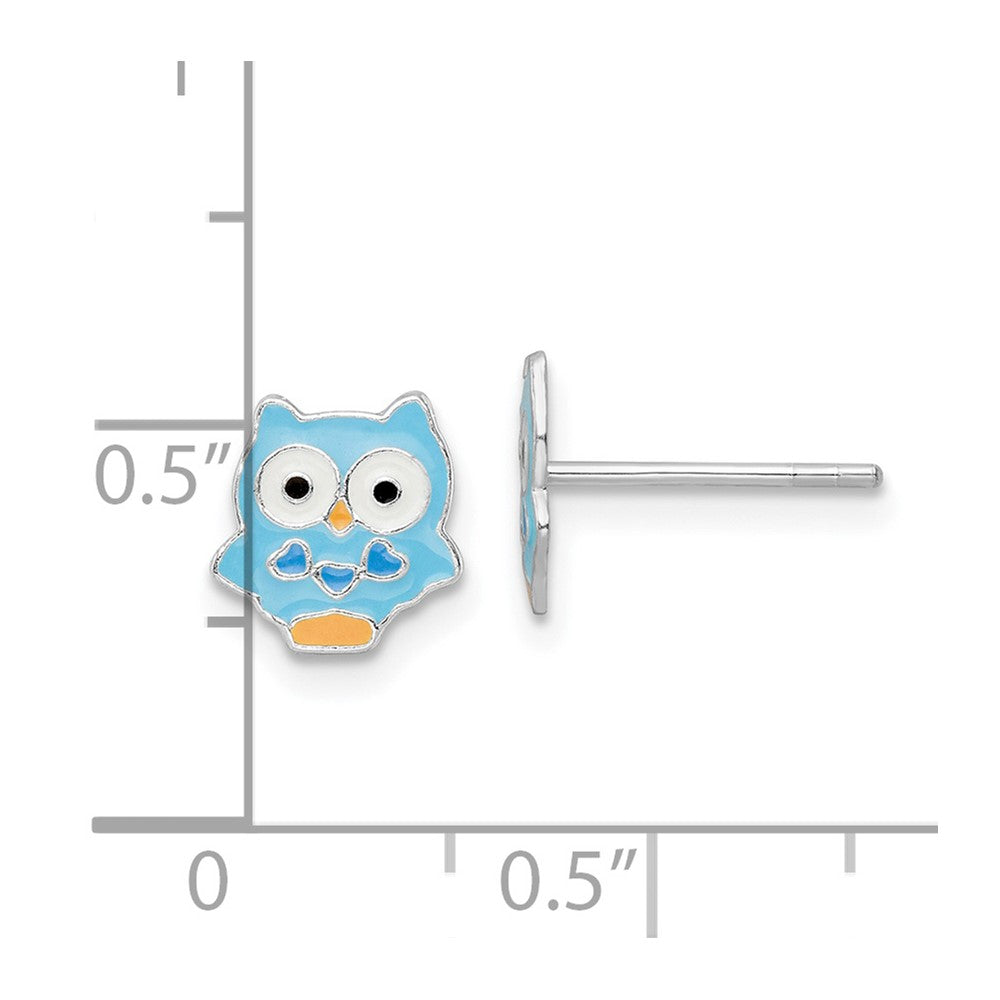 QE16616 Sterling Silver Rhodium-plated Polished Multi-color Enameled Blue Owl Children's Post Earrings