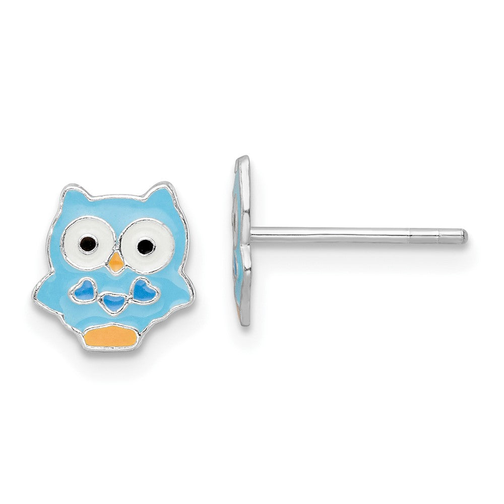 QE16616 Sterling Silver Rhodium-plated Polished Multi-color Enameled Blue Owl Children's Post Earrings