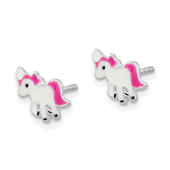 QE16617 Sterling Silver Rhodium-plated Polished Multi-color Enameled Pink Unicorn Children's Post Earrings
