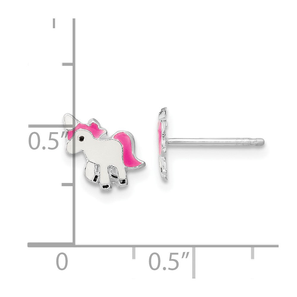QE16617 Sterling Silver Rhodium-plated Polished Multi-color Enameled Pink Unicorn Children's Post Earrings