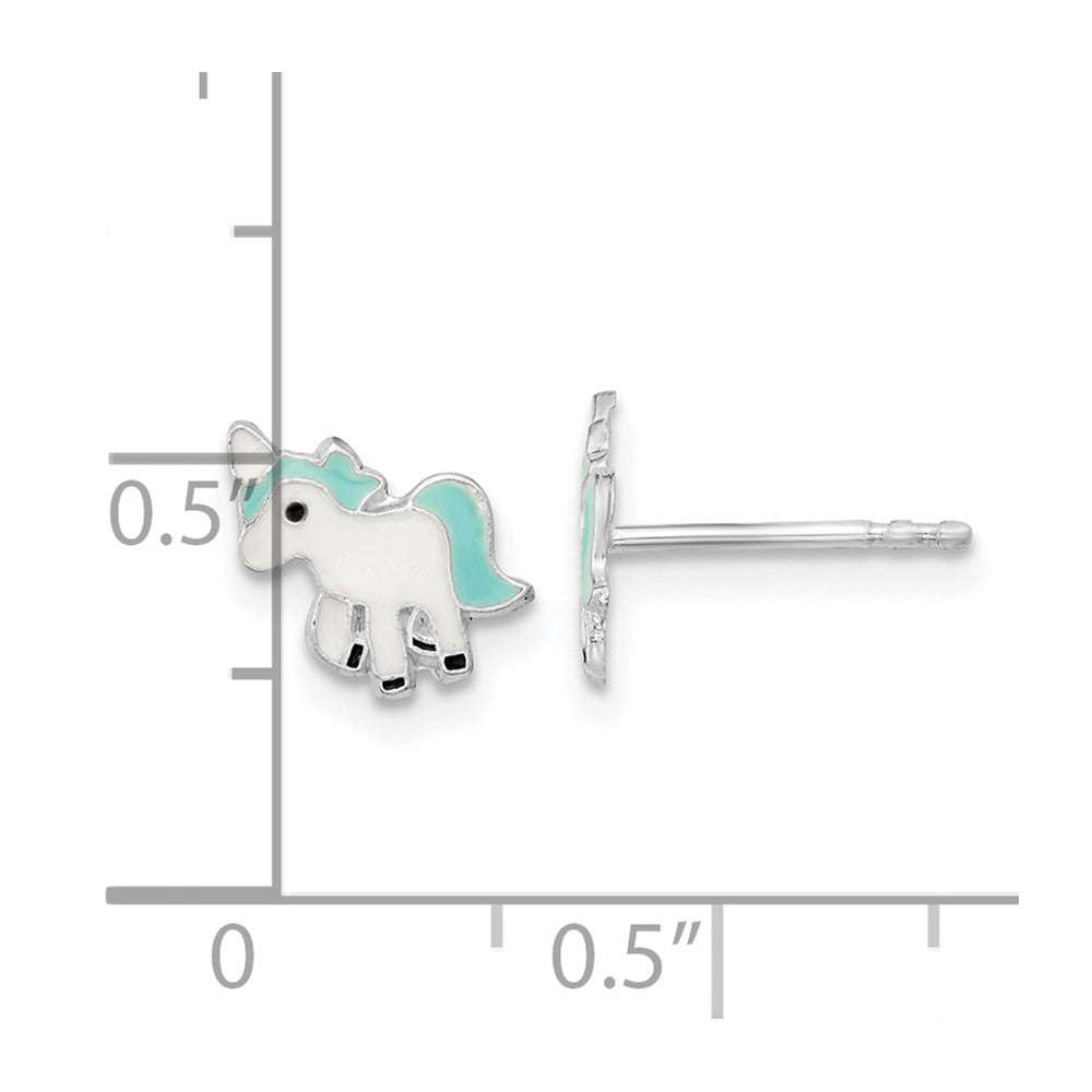 QE16618 Sterling Silver Rhodium-plated Polished Multi-color Enameled Blue Unicorn Children's Post Earrings