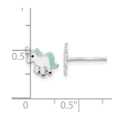 QE16618 Sterling Silver Rhodium-plated Polished Multi-color Enameled Blue Unicorn Children's Post Earrings