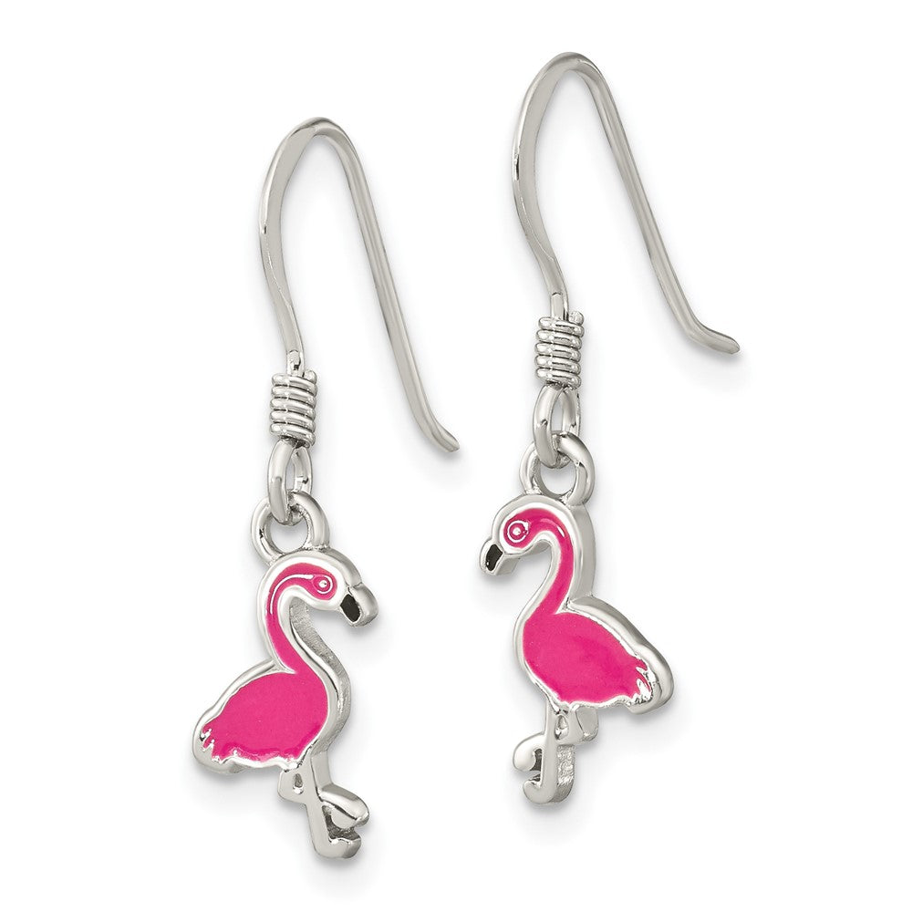 QE16622 Sterling Silver Rhod-pltd Pink Enamel Flamingo Children's Dangle Earrings