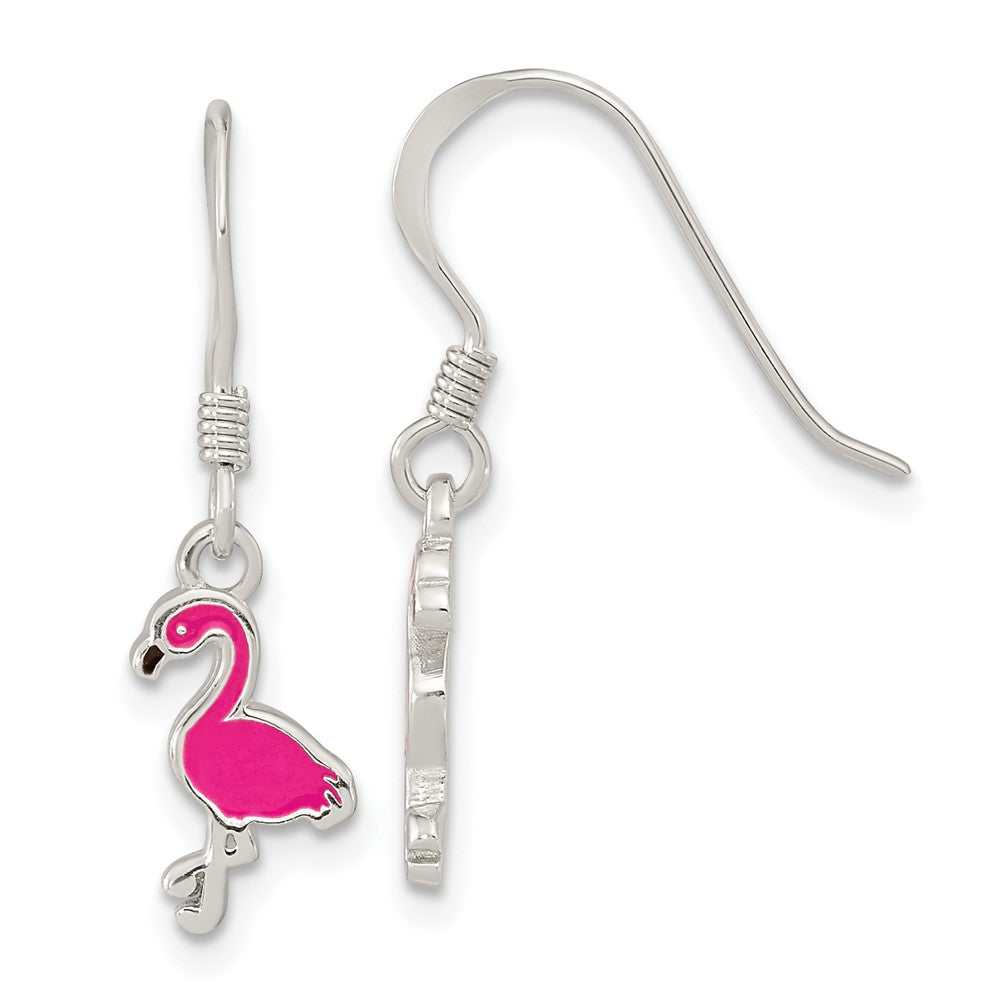 QE16622 Sterling Silver Rhod-pltd Pink Enamel Flamingo Children's Dangle Earrings