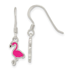 QE16622 Sterling Silver Rhod-pltd Pink Enamel Flamingo Children's Dangle Earrings