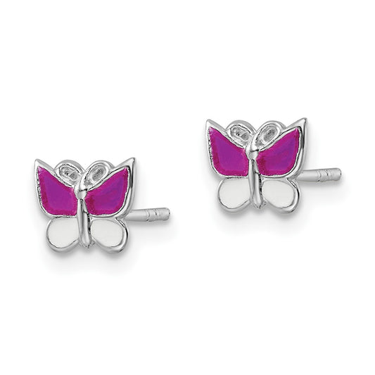 QE16626 Sterling Silver Rhodium-plated Polished Pink & White Enameled Butterfly Children's Post Earrings