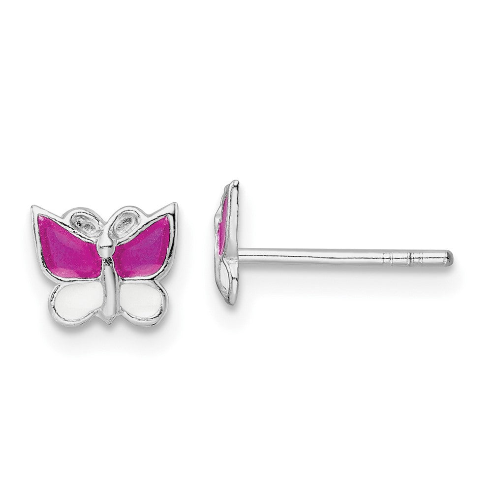 QE16626 Sterling Silver Rhodium-plated Polished Pink & White Enameled Butterfly Children's Post Earrings