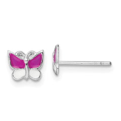 QE16626 Sterling Silver Rhodium-plated Polished Pink & White Enameled Butterfly Children's Post Earrings