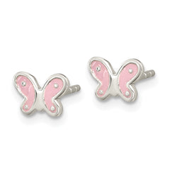 QE16627 Sterling Silver RH-pltd Polish Pink Enamel Butterfly Childs Post Earrings