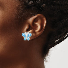 QE16628 Sterling Silver Rhodium-plated Polished Blue Enameled Butterfly Children's Post Earrings