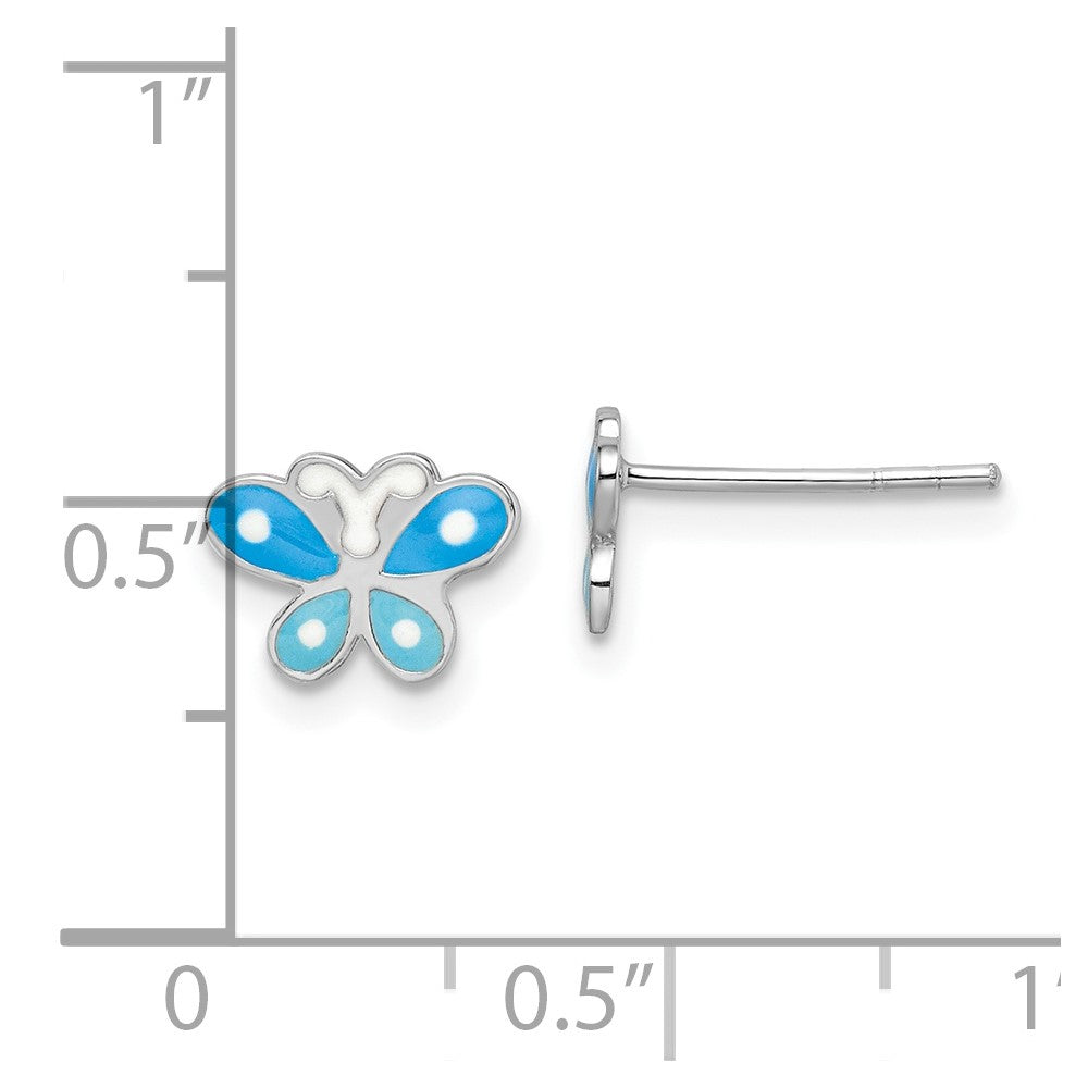 QE16628 Sterling Silver Rhodium-plated Polished Blue Enameled Butterfly Children's Post Earrings