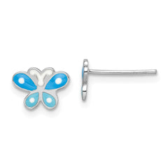 QE16628 Sterling Silver Rhodium-plated Polished Blue Enameled Butterfly Children's Post Earrings