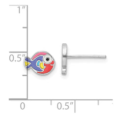 QE16630 Sterling Silver Rhodium-plated Polished Multi-color Enameled Fish Children's Post Earrings