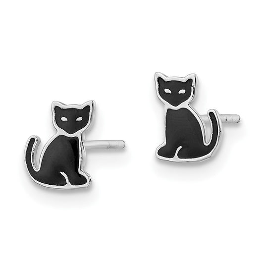 QE16631 Sterling Silver RH-plated Polished Black Enameled Cat Post Earrings