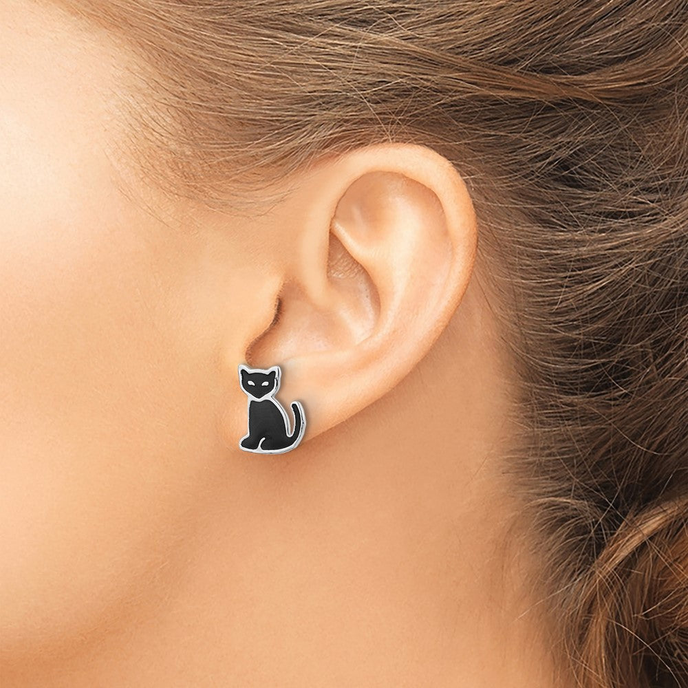 QE16631 Sterling Silver RH-plated Polished Black Enameled Cat Post Earrings