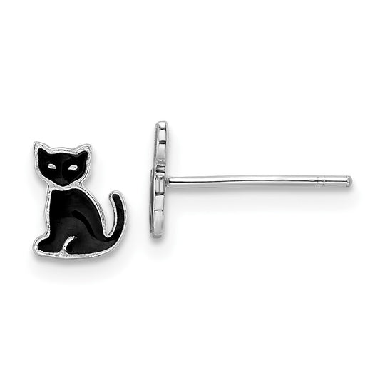 QE16631 Sterling Silver RH-plated Polished Black Enameled Cat Post Earrings