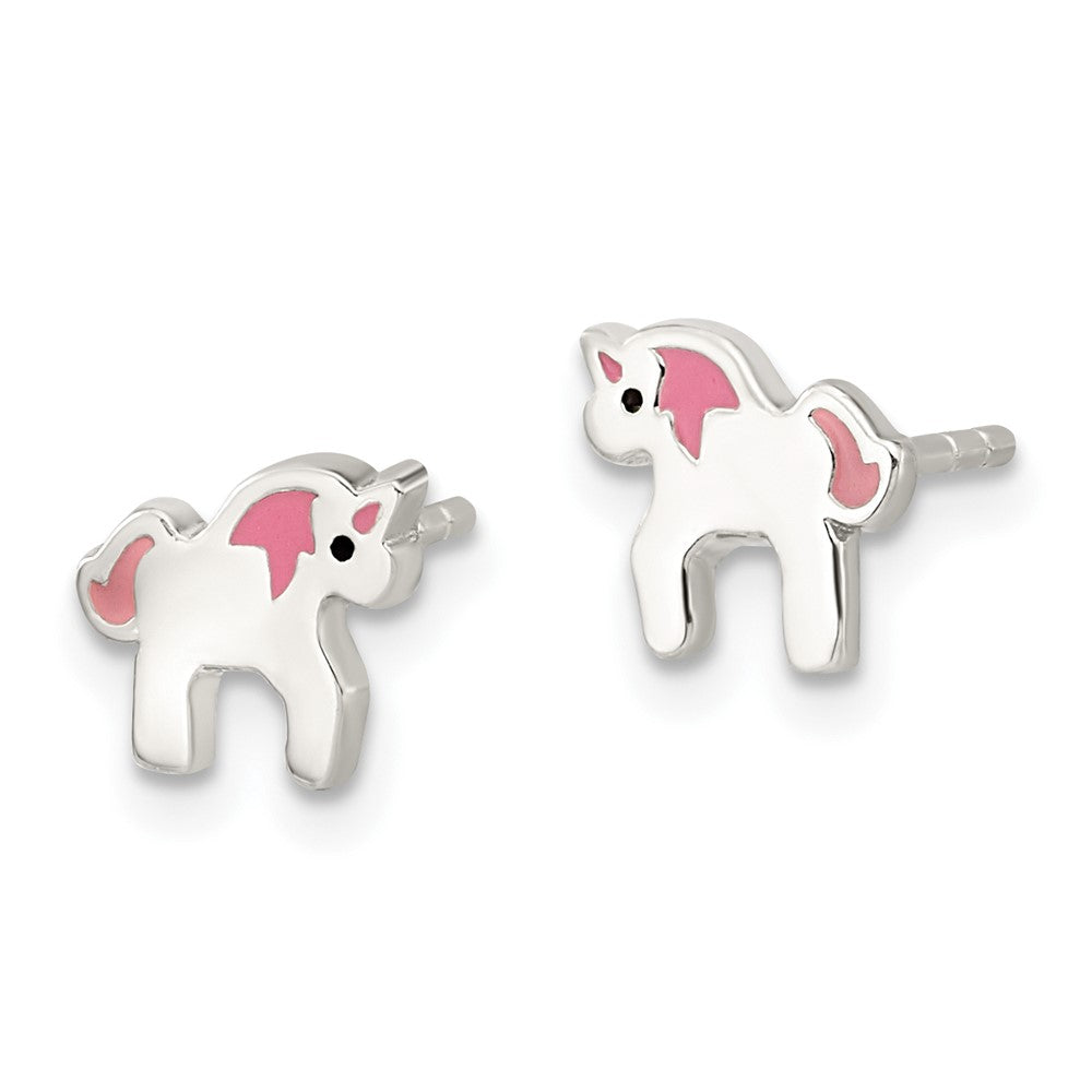 QE16632 Sterling Silver Polished Multi-color Enameled Unicorn Children's Post Earrings