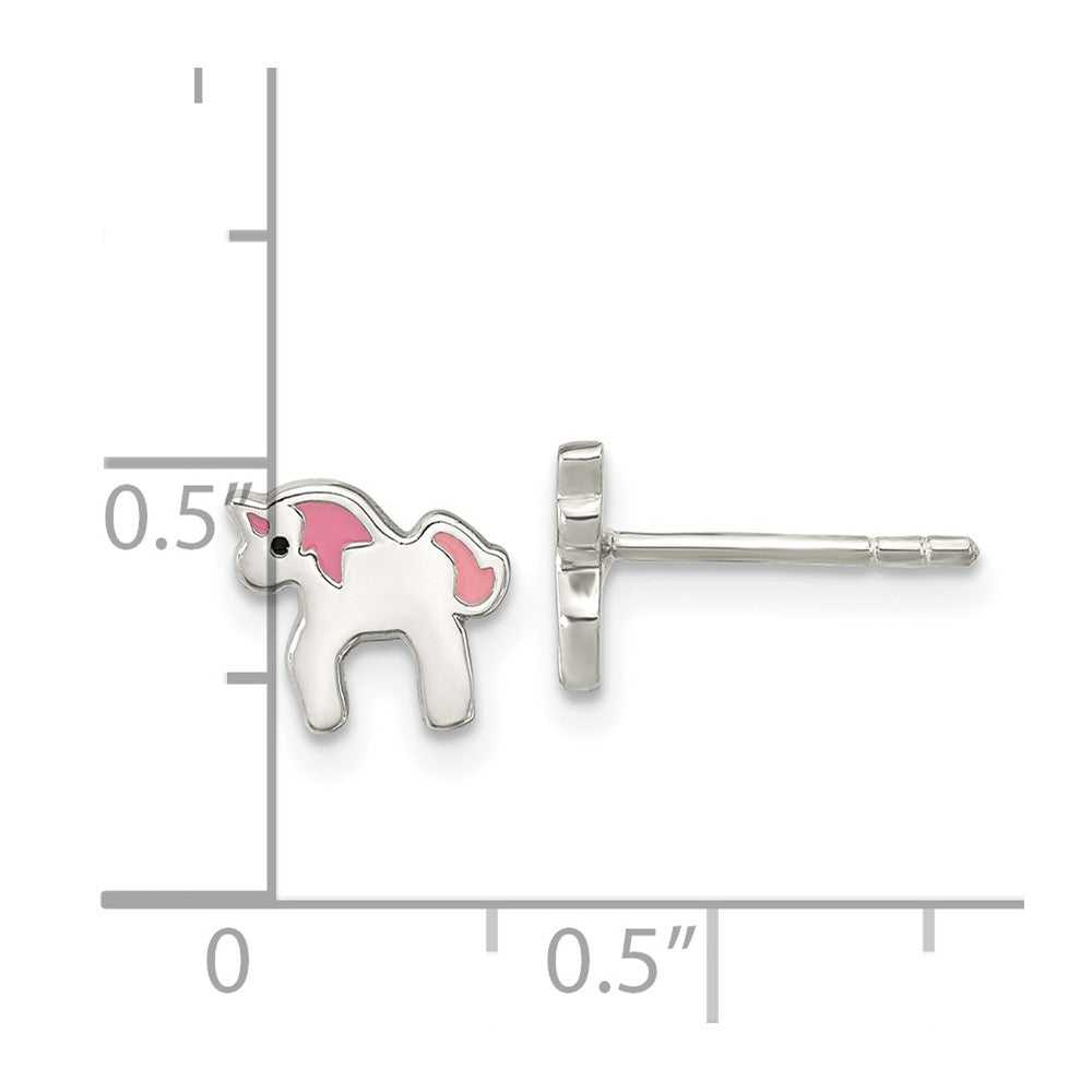 QE16632 Sterling Silver Polished Multi-color Enameled Unicorn Children's Post Earrings