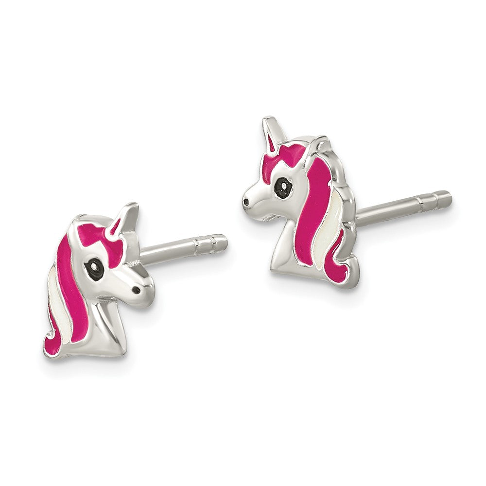 QE16633 Sterling Silver Polished Multi-color Enameled Unicorn Head Children's Post Earrings