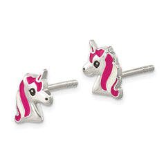 QE16633 Sterling Silver Polished Multi-color Enameled Unicorn Head Children's Post Earrings