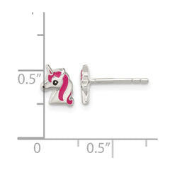 QE16633 Sterling Silver Polished Multi-color Enameled Unicorn Head Children's Post Earrings