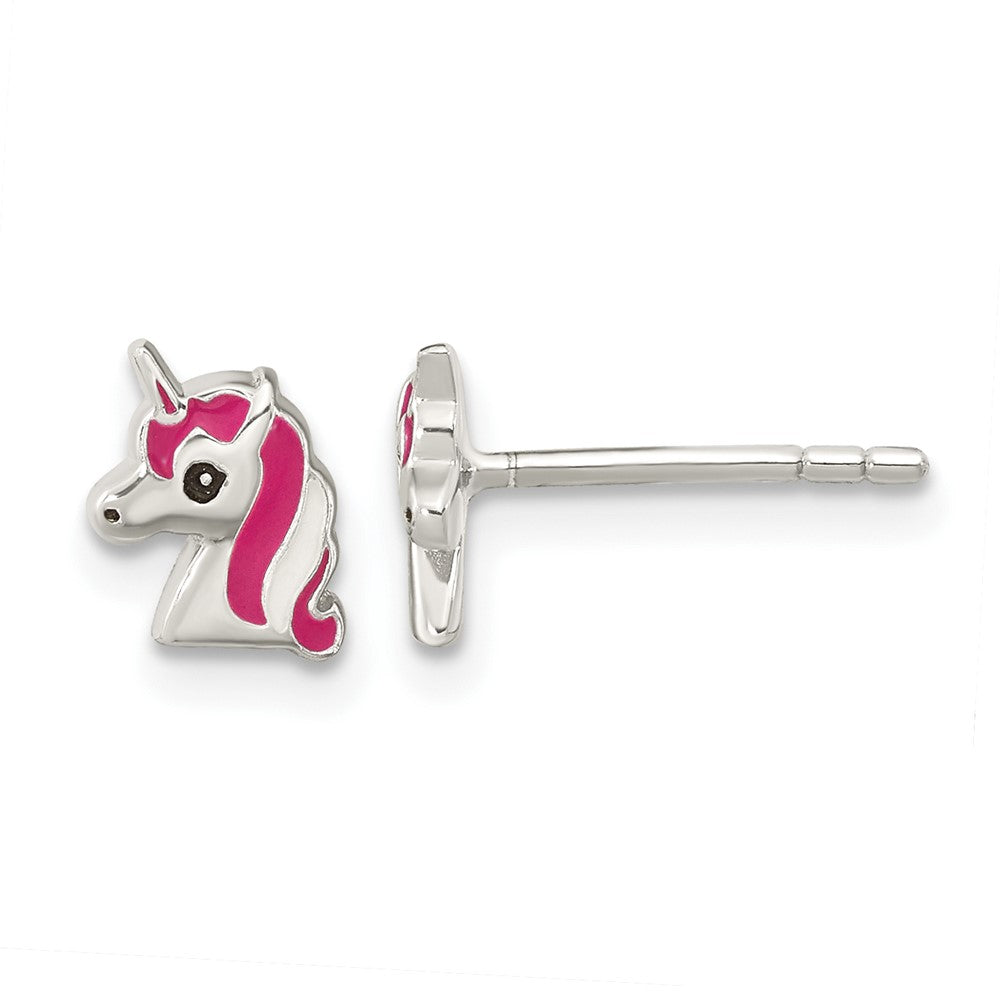QE16633 Sterling Silver Polished Multi-color Enameled Unicorn Head Children's Post Earrings