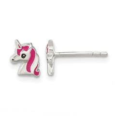 QE16633 Sterling Silver Polished Multi-color Enameled Unicorn Head Children's Post Earrings
