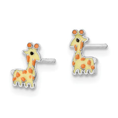 QE16635 Sterling Silver Rhodium-plated Polished & Yellow, Orange & Black Enameled Giraffe Children's Post Earrings